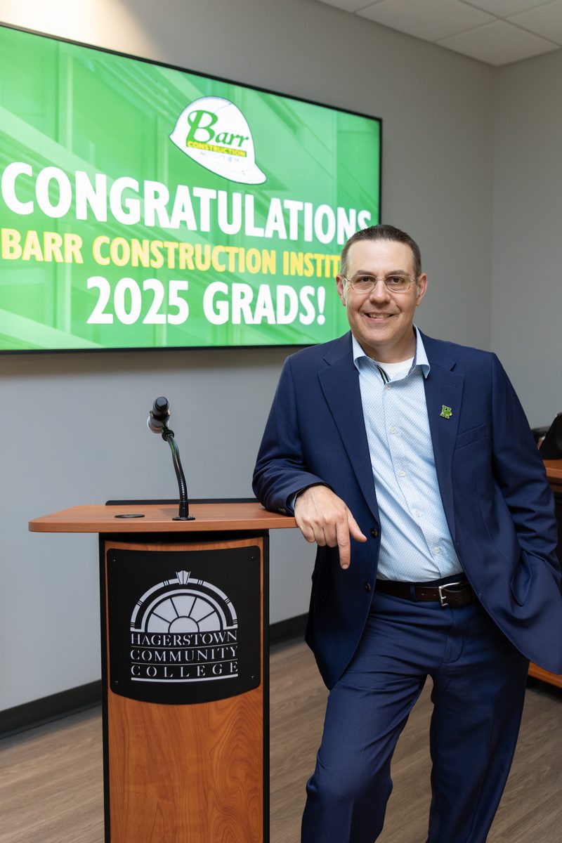 Amos McCoy speaking at the Barr Construction Institute graduation at Hagerstown Community College